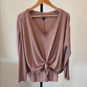 Women's V-Neck Knotted Ribbed Top - Mauve